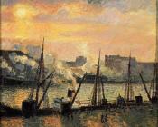 卡米耶 毕沙罗 : Quay in Rouen, Sunset